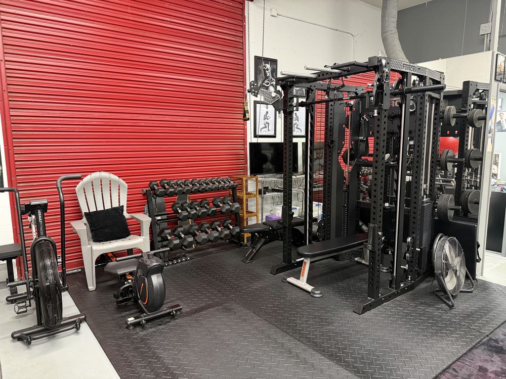 The red roll-up door and the Force USA rack at The Art of Muscle