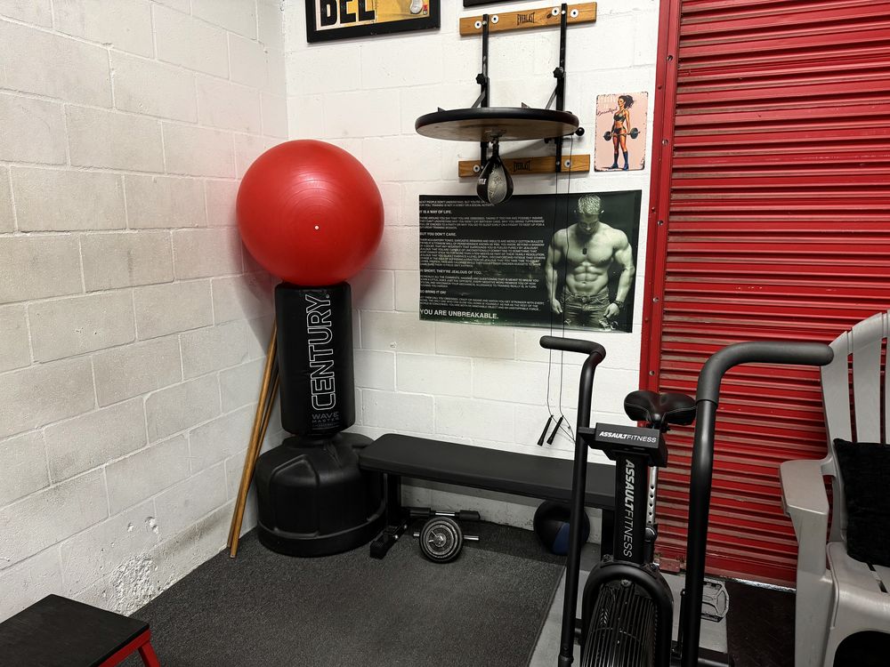The heavy bag, speed bag and boxing corner